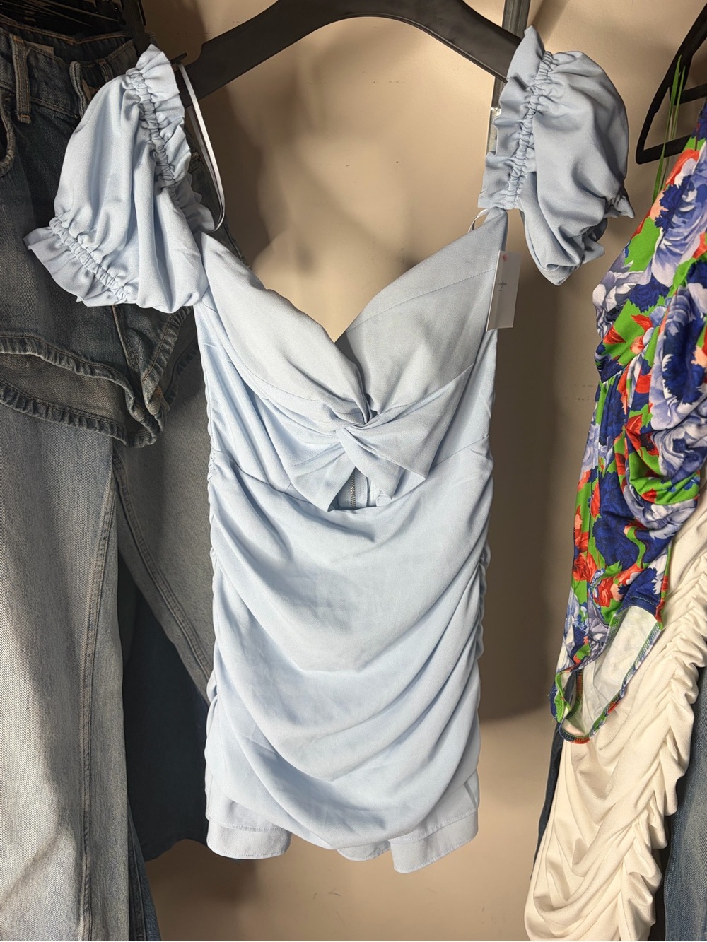 Fashion Nova Light Blue Puff-Sleeve Twist Front Crop Top